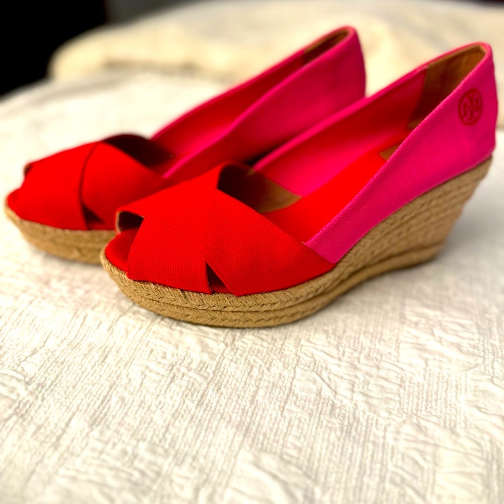Tory Burch Vibrant Red and Pink Wedges